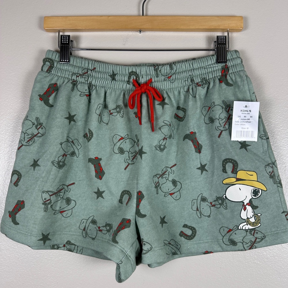 Peanuts Junior's Medium Lounge Shorts Green Cowboy Snoopy Western Fleece NEW